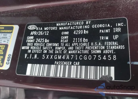 2012 Kia Optima Lx z USA, uszkodzony, nr VIN 5XXGM4A71CG075458